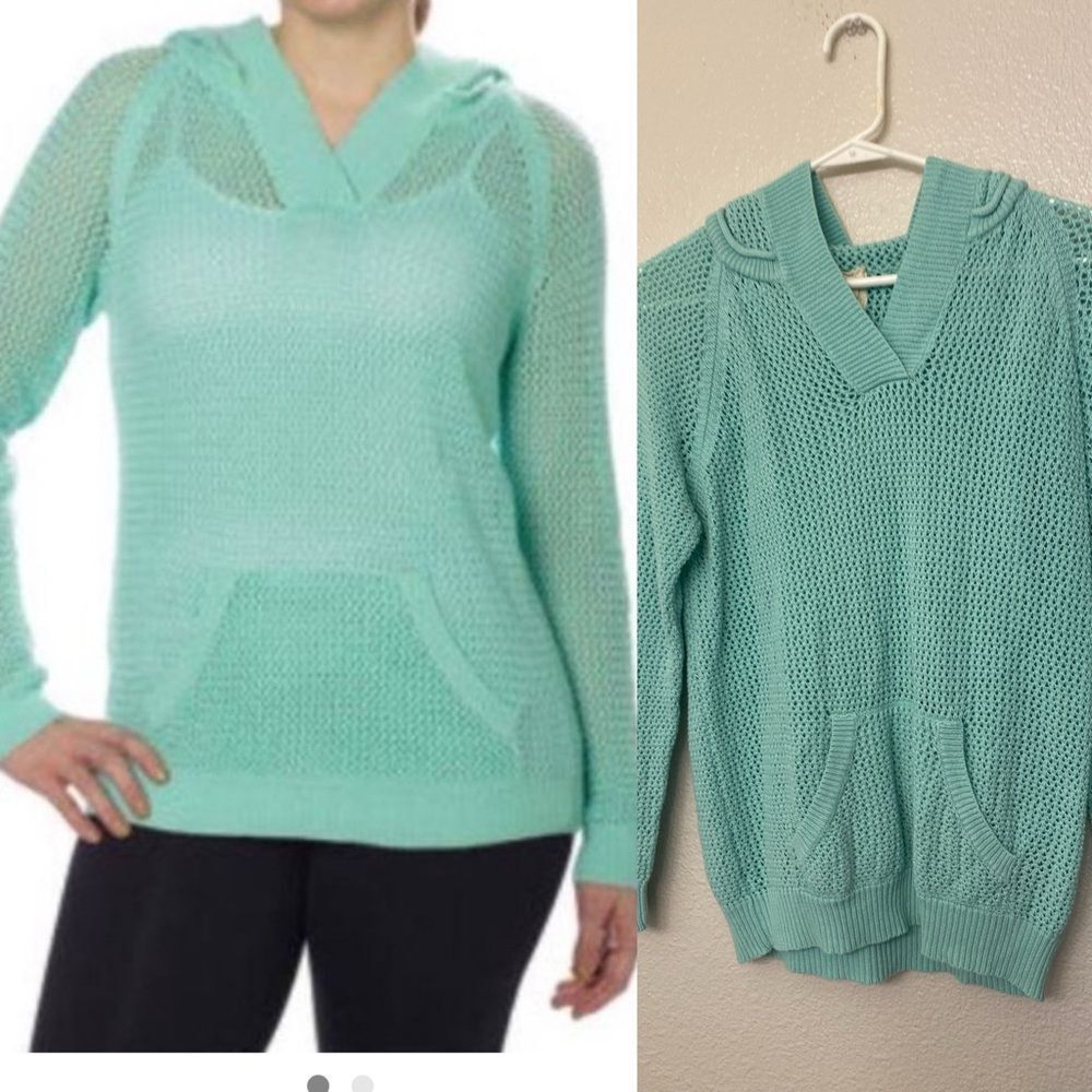 Shirt 469 aqua blue open Knit Hoodie linen cotton blend coastal M